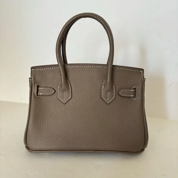 *NO STRAP | Taupe Mini 20 Leather Top Handle w/ Gold Structured Satchel Bag C3 - Picture 8 of 17